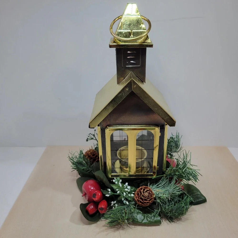 Vintage Gold Church Lantern With‎ Christmas Wreath Accent Decor